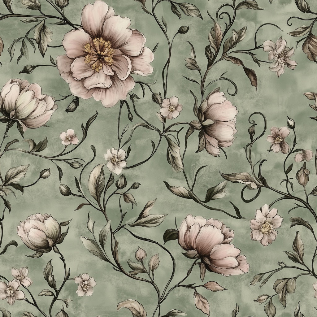 Dusty Green Peony Floral Elegance Wallpaper pattern artwork