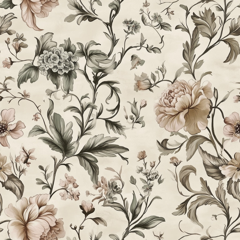 Cream and Sage Large Floral Wallpaper pattern artwork