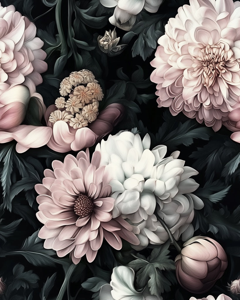 Blush Pink Large Floral on Black Background Wallpaper pattern artwork