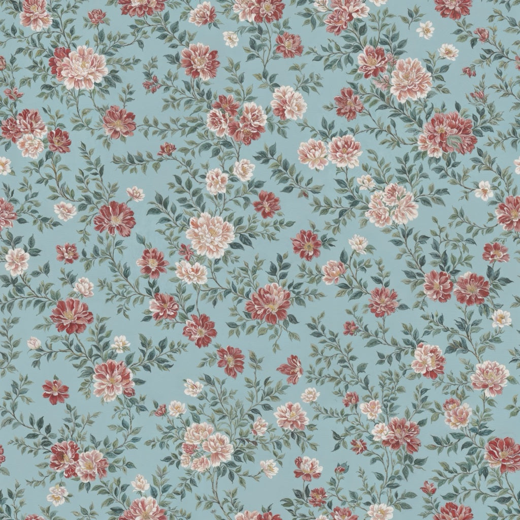 Soft Blue and Burgundy Rose Floral Wallpaper pattern artwork
