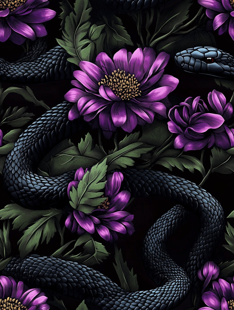 Dark Black and Purple Snake Floral Wallpaper pattern artwork