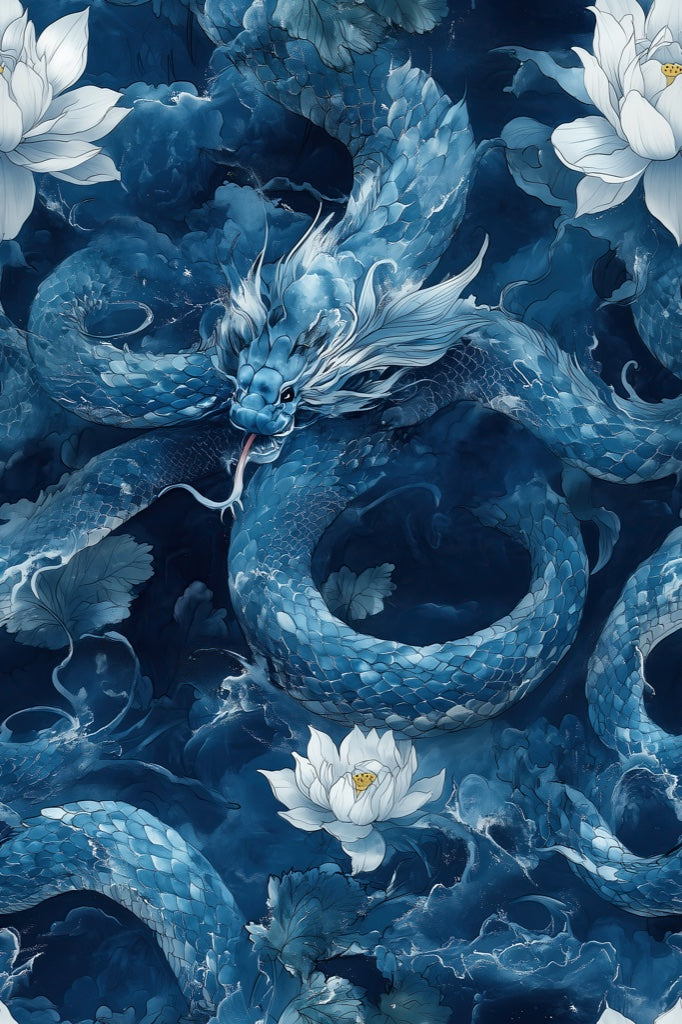 Navy Blue Dragon and Lotus Fantasy Wallpaper pattern artwork