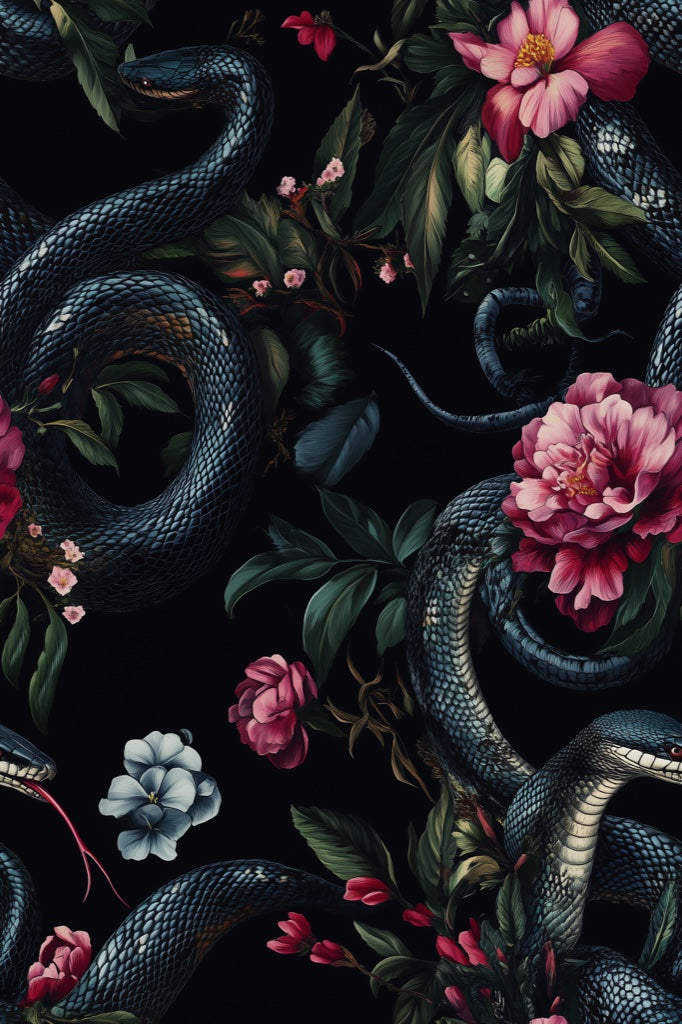 Dark Floral and Snake Motif Wallpaper pattern artwork