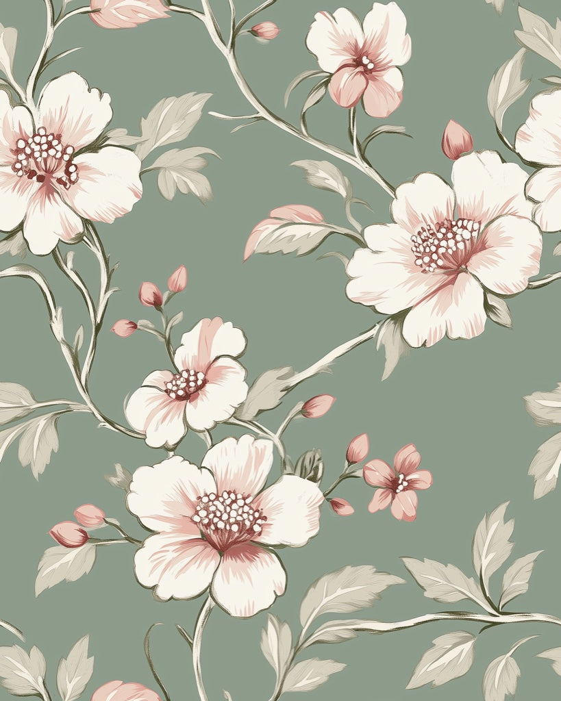 Sage Green Cherry Blossom Floral Wallpaper pattern artwork