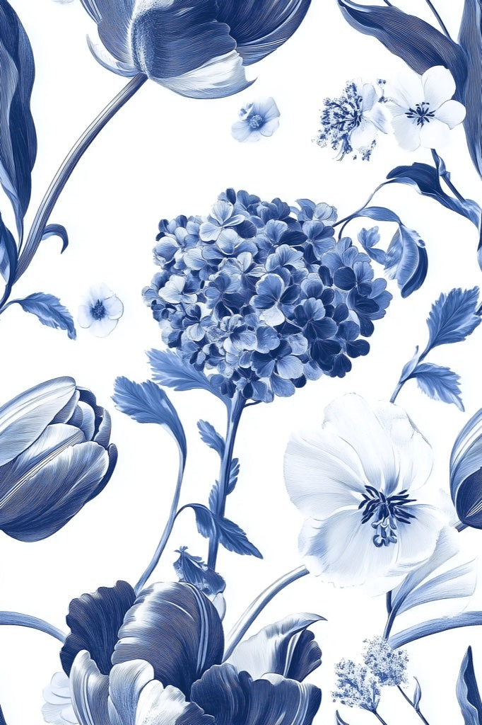 Crisp White and Blue Tulip Floral Wallpaper pattern artwork
