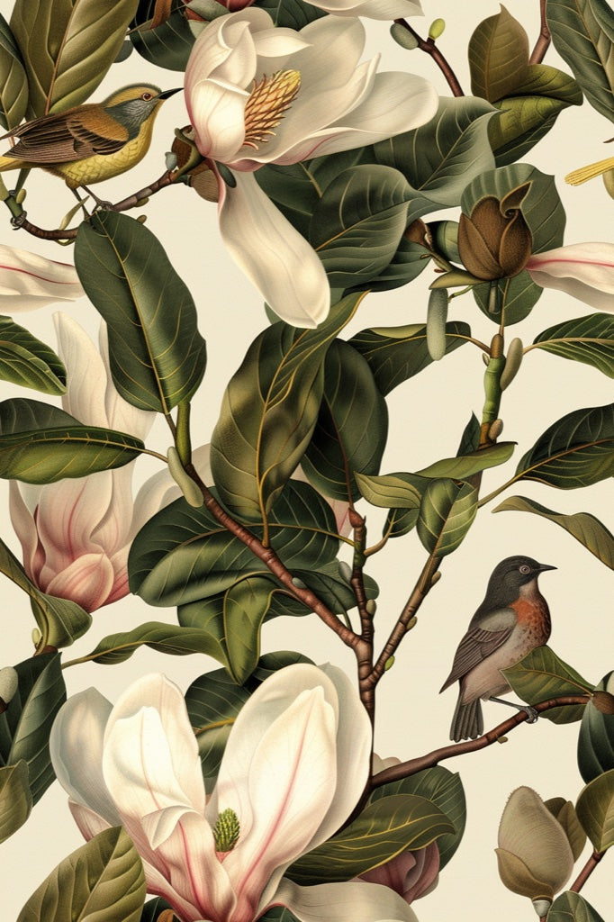 Cream Magnolia Blossom and Bird Wallpaper pattern artwork