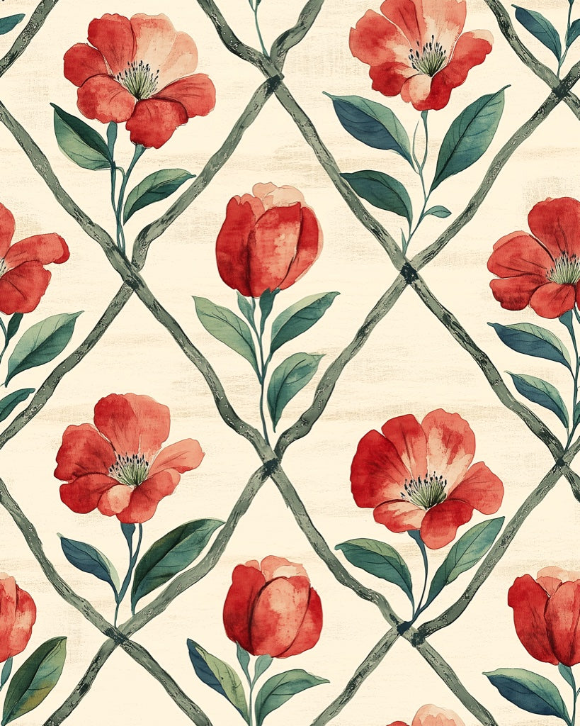 Cream and Red Tulip Trellis Wallpaper pattern artwork