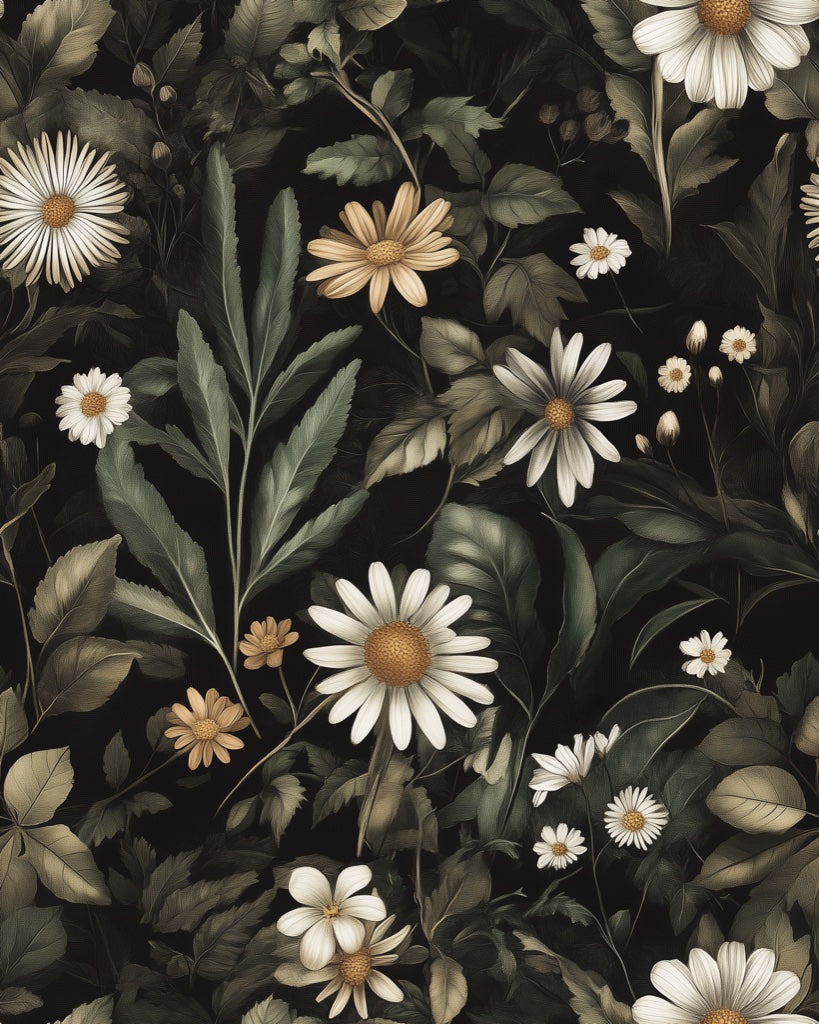 Elegant Dark Floral Daisies Wallpaper pattern artwork