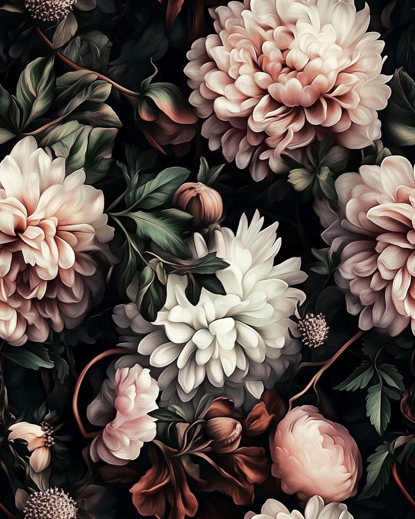 Moody Black Background with Lush Pink Floral Wallpaper pattern artwork
