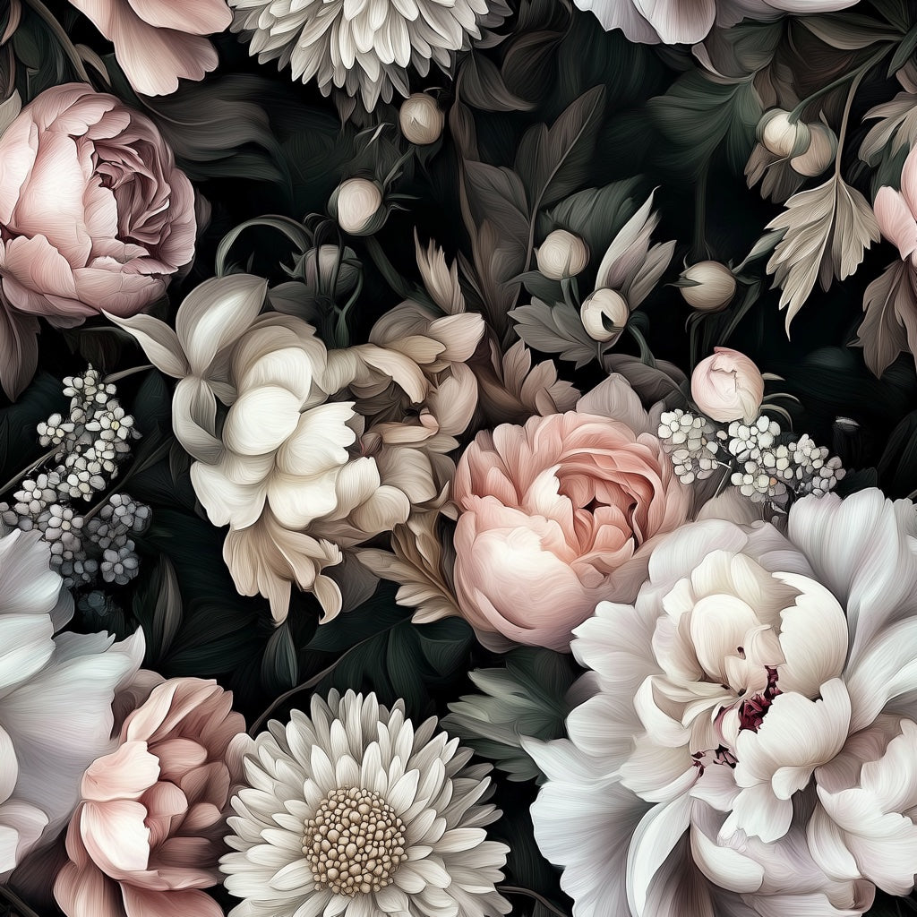 Dark Black and Blush Peony Floral Wallpaper pattern artwork
