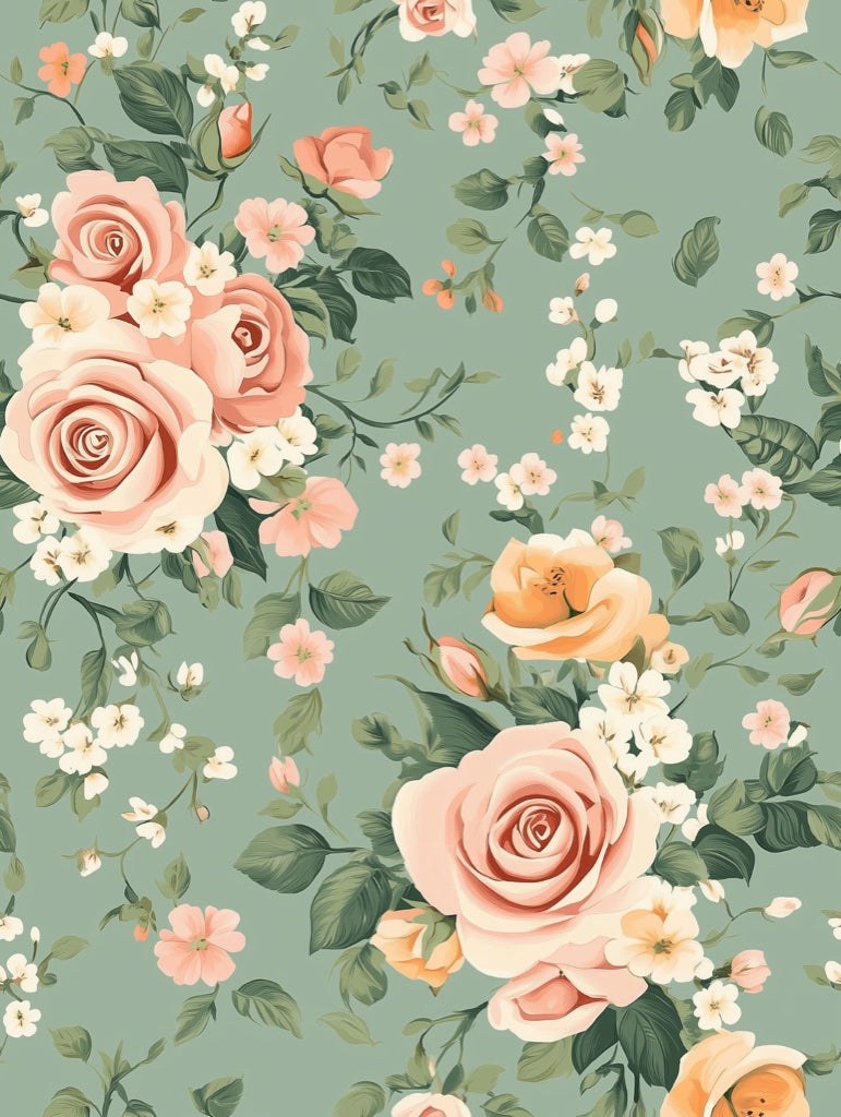 Sage Green and Blush Pink Rose Floral Wallpaper pattern artwork