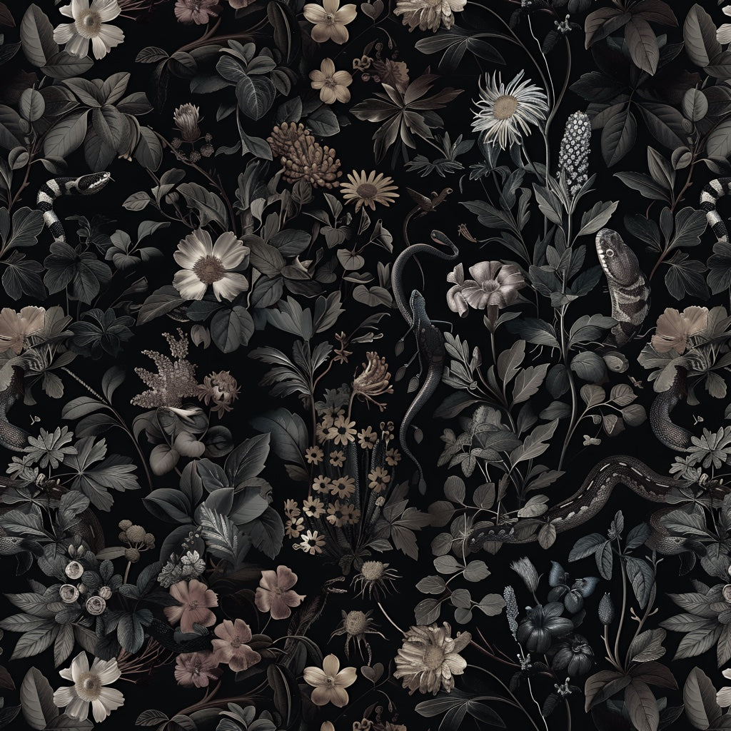 Midnight Botanical Snake Floral Wallpaper pattern artwork
