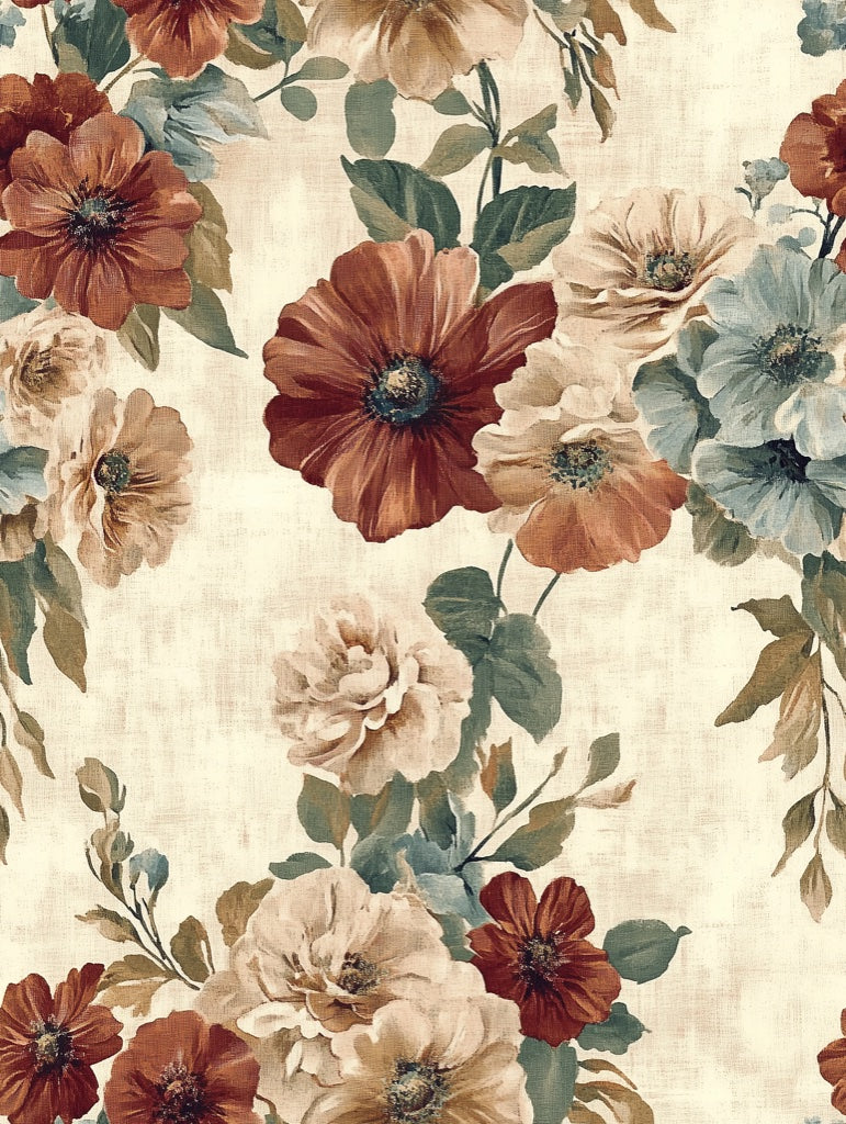 Vintage Burgundy and Blue Floral Wallpaper pattern artwork