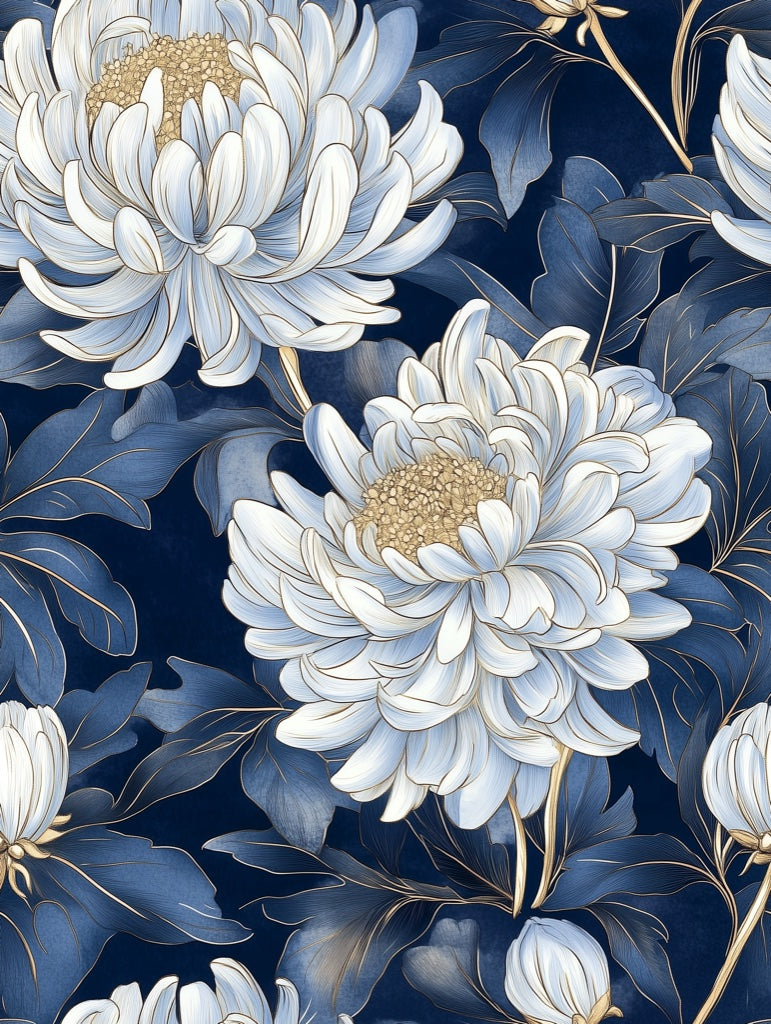 Navy Blue and Ivory Large Floral Wallpaper pattern artwork