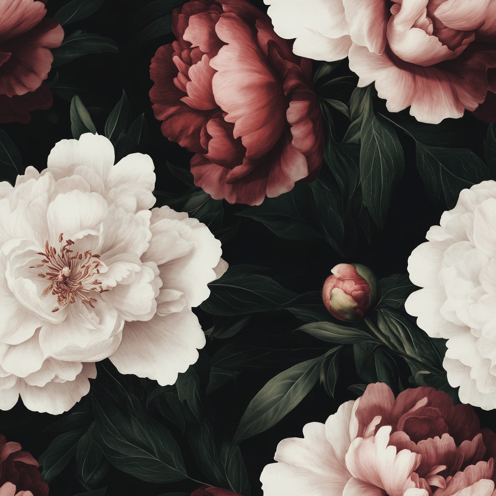 Black Dramatic Burgundy Peony Floral Wallpaper pattern artwork
