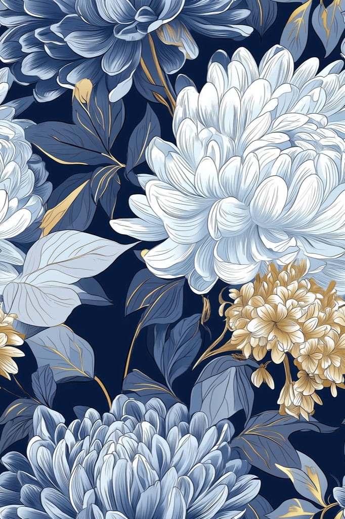 Deep Navy Blue Large Floral Wallpaper pattern artwork