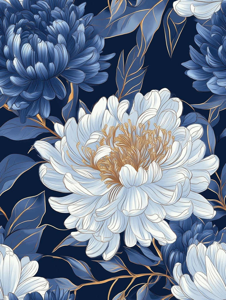 Deep Navy Blue Large Floral Wallpaper pattern artwork