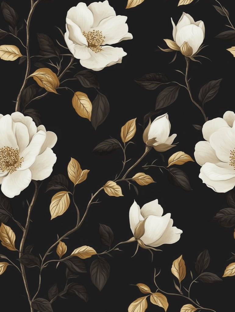 Black and Cream Large Magnolia Floral Wallpaper pattern artwork