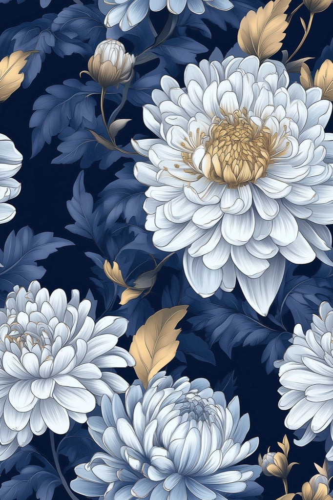 Navy Blue and Gold Look Oversized Floral Wallpaper pattern artwork