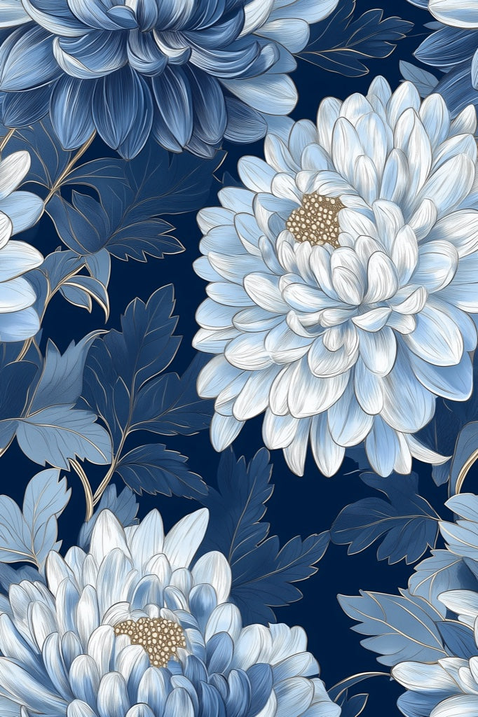 Deep Navy Blue Chrysanthemum Floral Wallpaper pattern artwork