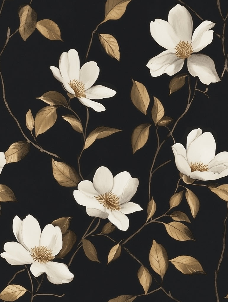 Elegant Black and Cream Magnolia Floral Wallpaper pattern artwork