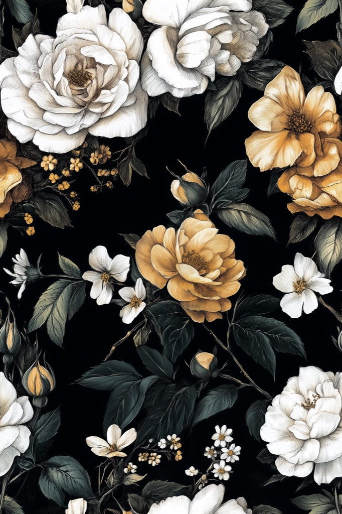 Elegant Black and Gold Look Rose Floral Wallpaper pattern artwork