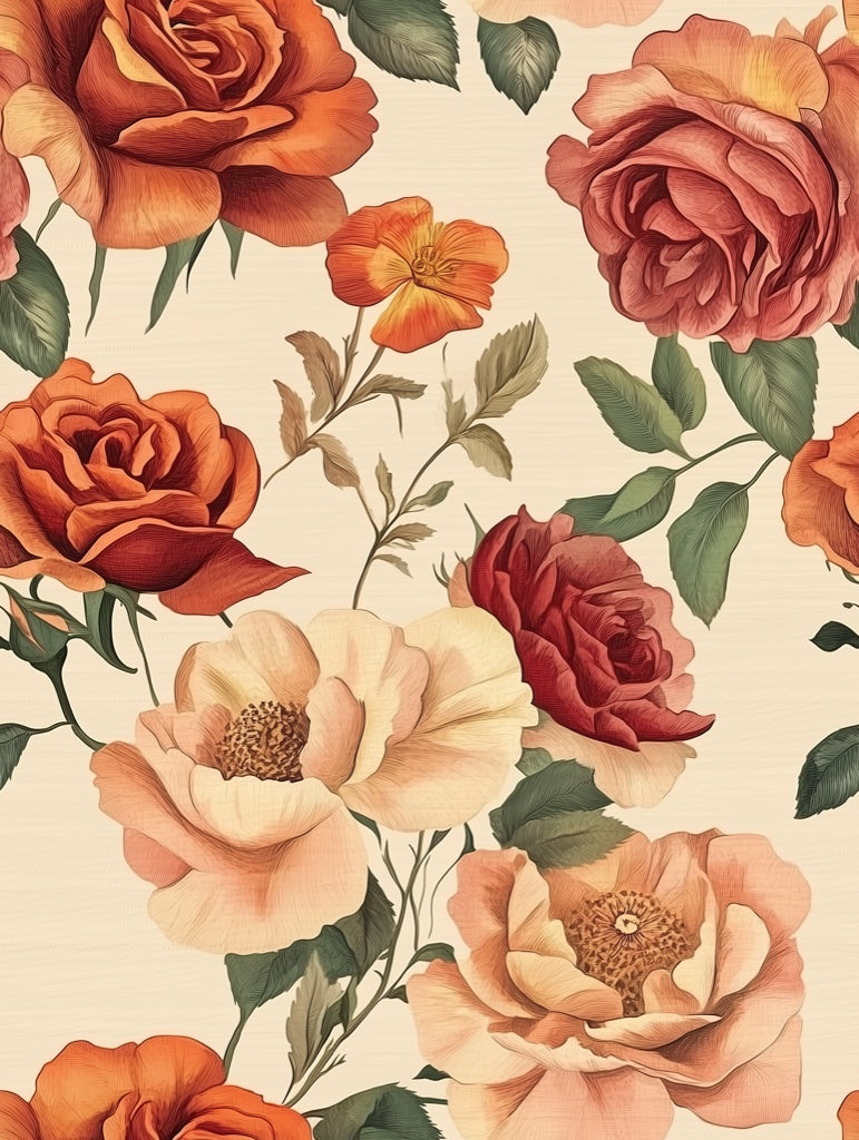 Warm Orange and Cream Rose Floral Wallpaper pattern artwork