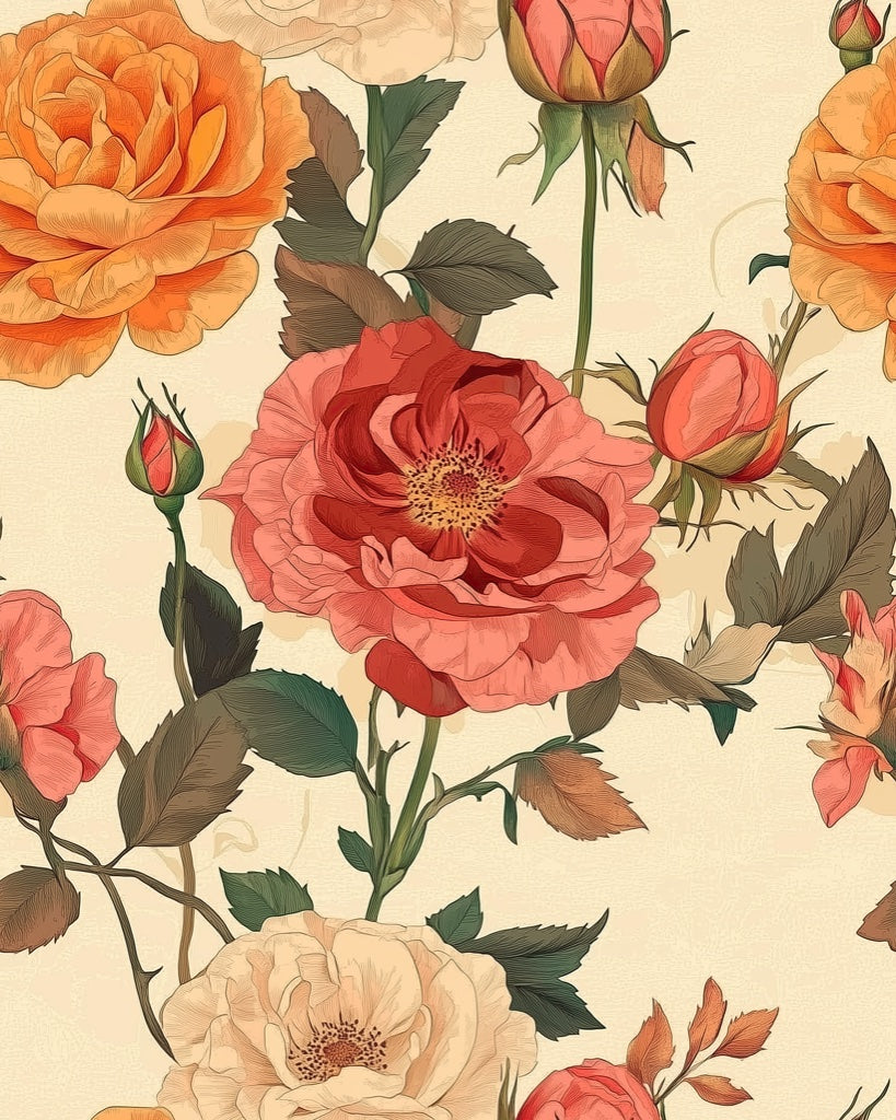 Cream and Orange Bold Rose Floral Wallpaper pattern artwork
