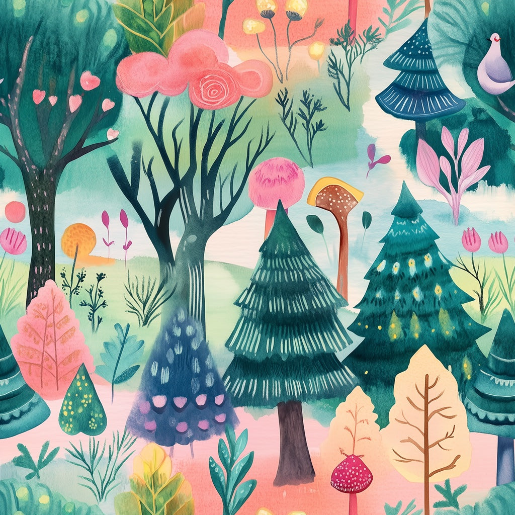 Colorful Woodland Creatures Kids Wallpaper pattern artwork