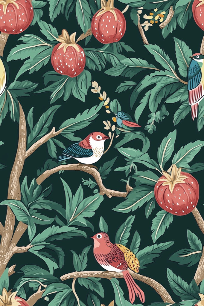 Dark Botanical Birds and Fruits Wallpaper pattern artwork