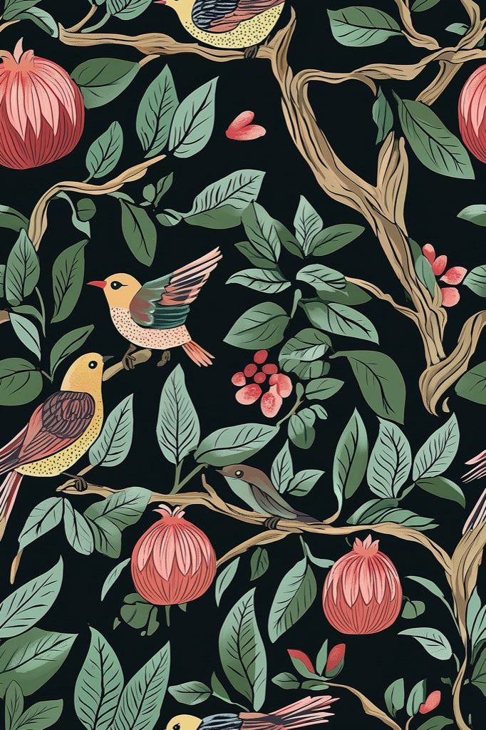 Dark Botanical Birds and Foliage Wallpaper pattern artwork