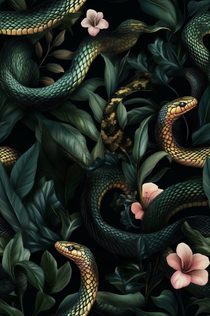 Dark Jungle Snake and Blossom Wallpaper pattern artwork