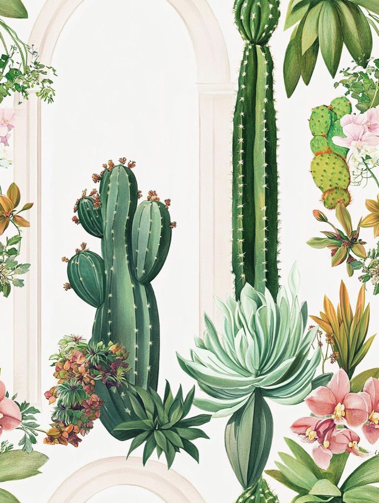 Cream Archway Cactus and Tropical Floral Wallpaper pattern artwork