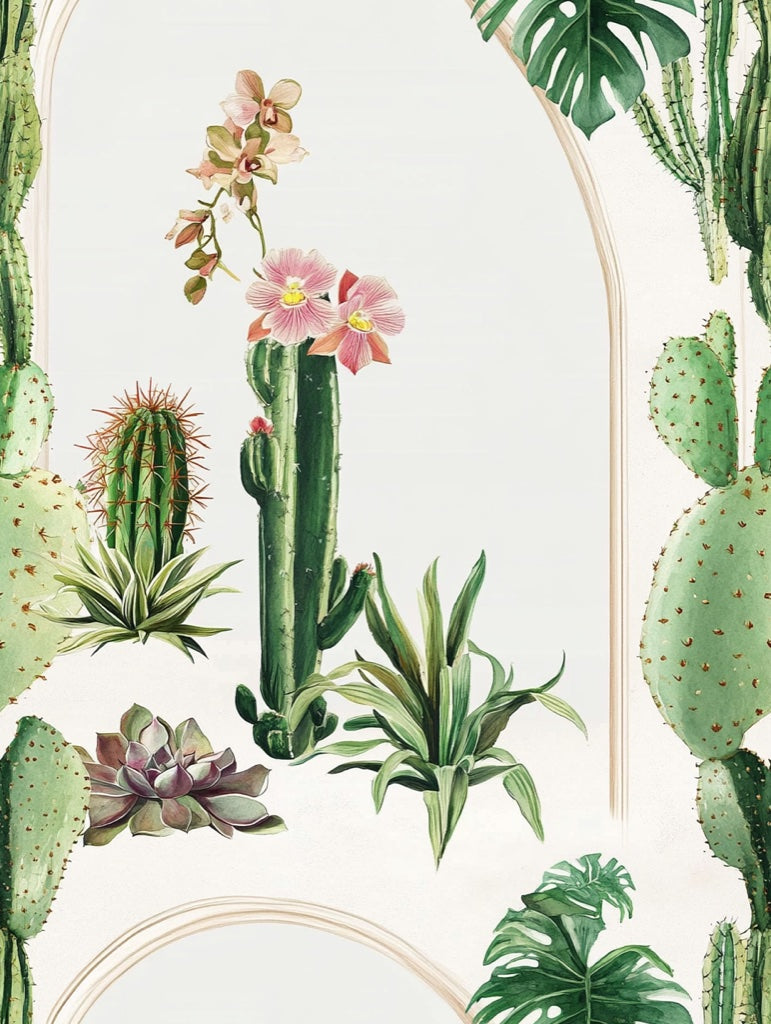 Bright White Archway Cactus and Tropical Floral Wallpaper pattern artwork