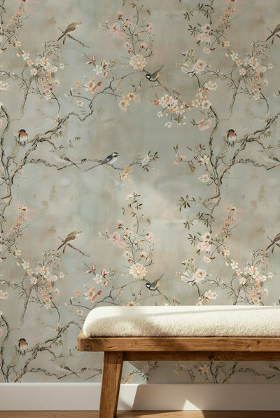 Soft Beige Cherry Blossom and Bird Wallpaper - 2