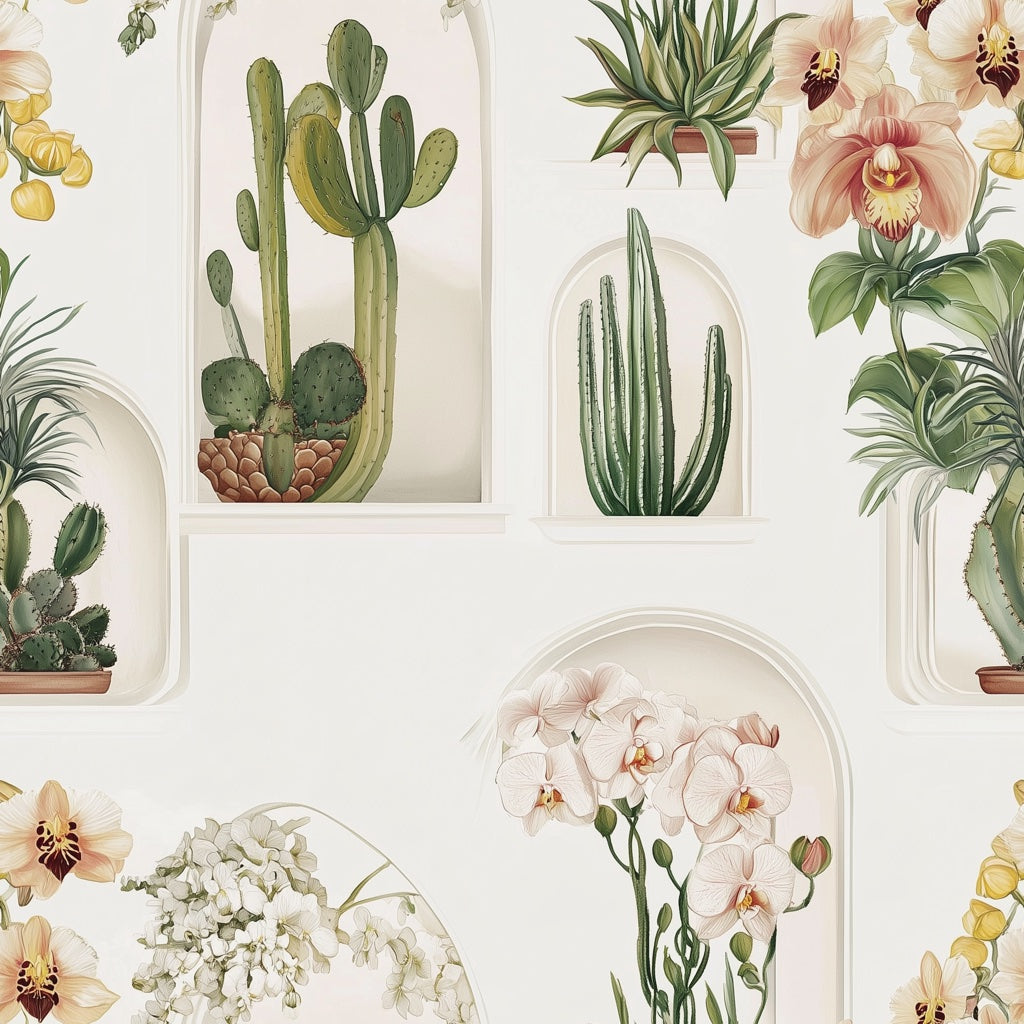 Cream Tropical Floral and Botanical Wallpaper pattern artwork
