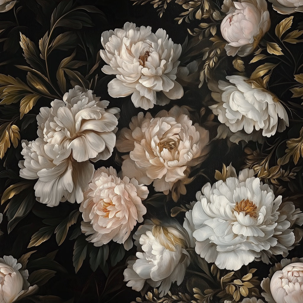 Dark Black Background Cream Peony Floral Wallpaper pattern artwork