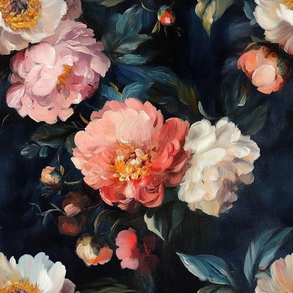 Dark Navy Peony Blossom Floral Wallpaper pattern artwork