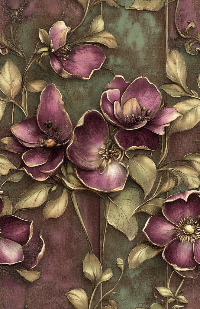 Deep Burgundy and Olive Large Floral Wallpaper pattern artwork