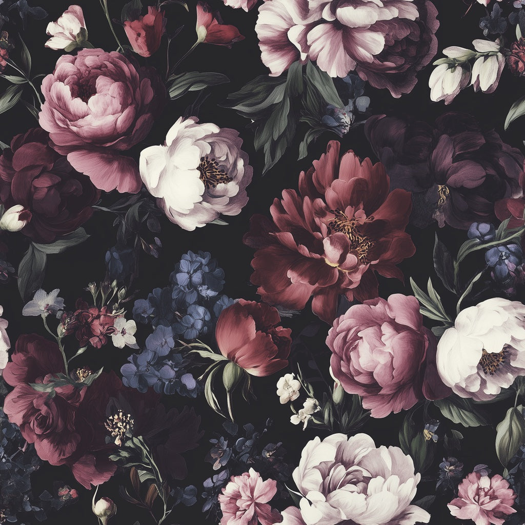 Burgundy Peonies on Deep Black Floral Wallpaper pattern artwork