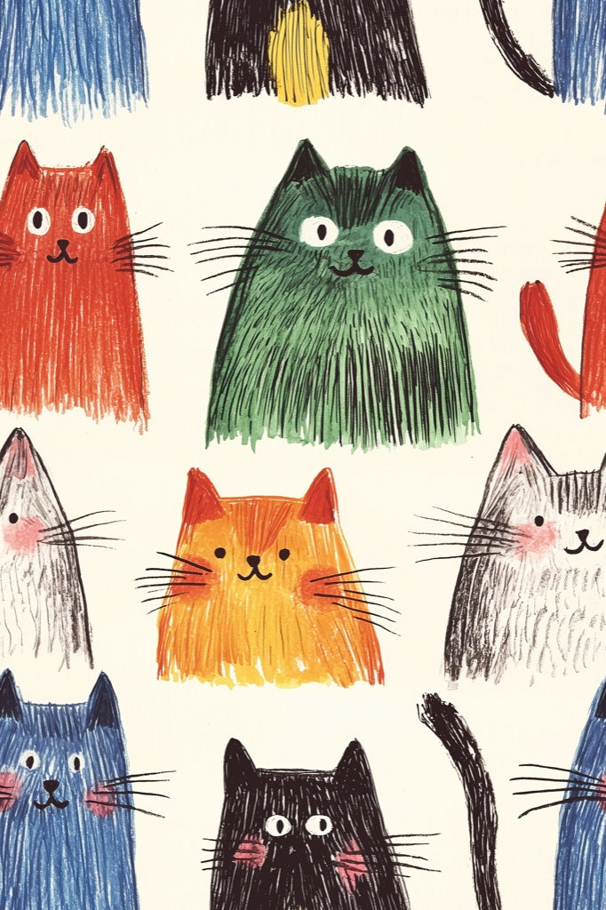 Cream Multicolor Playful Cat Pattern Wallpaper pattern artwork