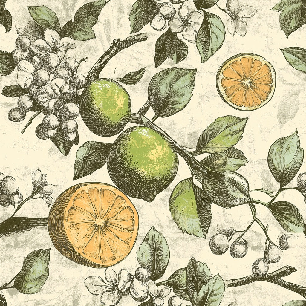 Beige Botanical Citrus Fruit Pattern Wallpaper pattern artwork