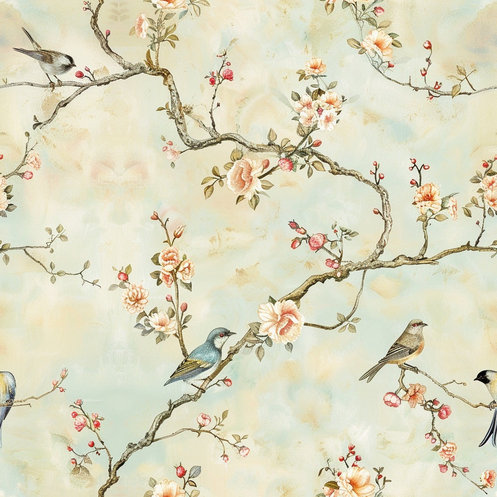 Cream Blossom Branches and Birds Wallpaper pattern artwork