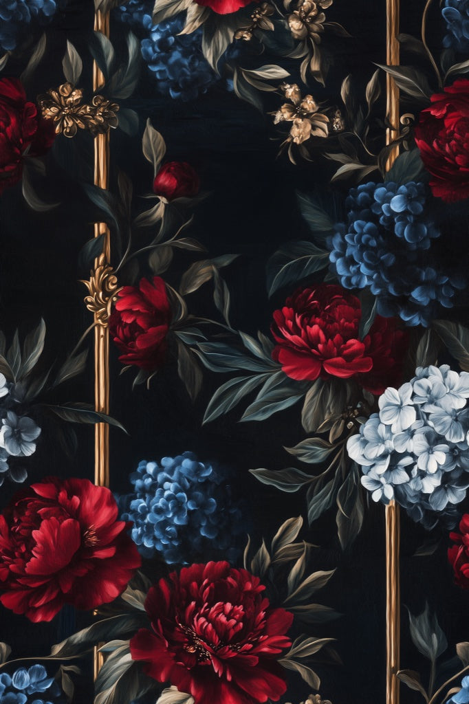 Dark Vintage Red and Blue Floral Wallpaper pattern artwork