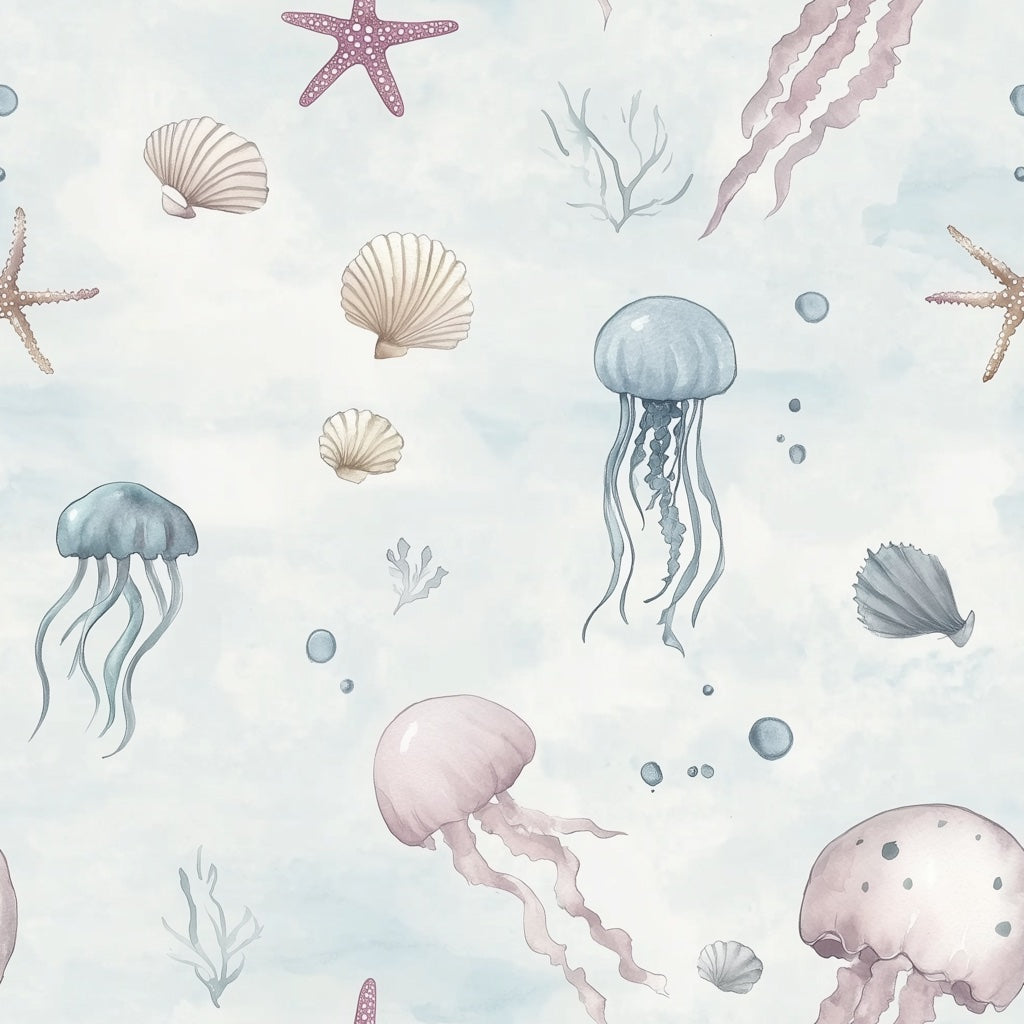 Cream Jellyfish and Seashell Kids Wallpaper pattern artwork