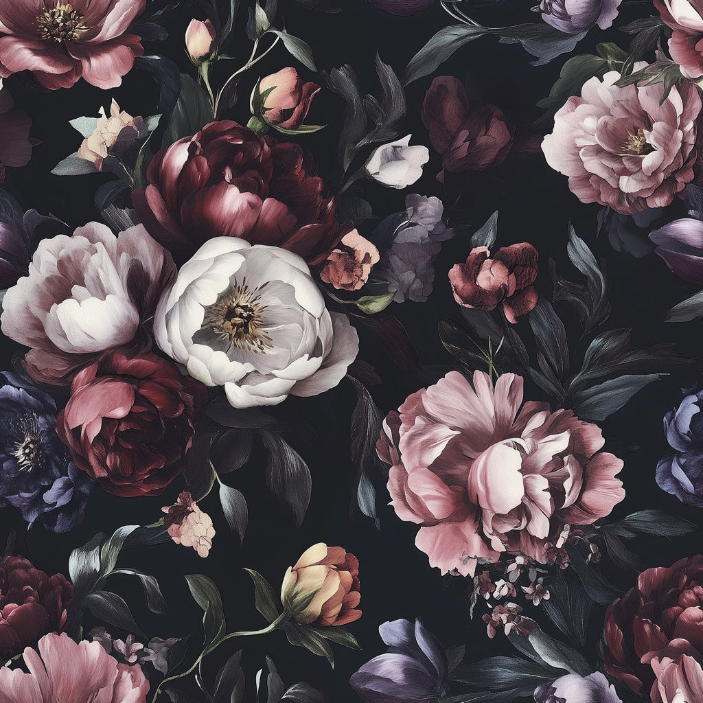 Moody Black and Burgundy Peonies Floral Wallpaper pattern artwork