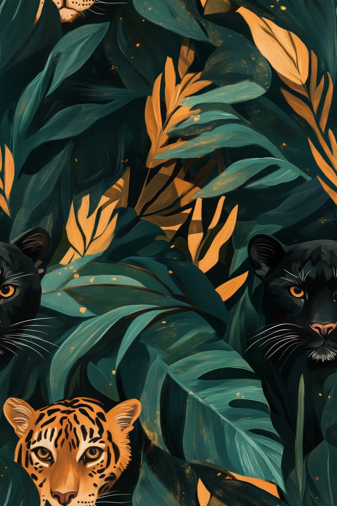 Dark Teal Jungle Cats and Foliage Wallpaper pattern artwork