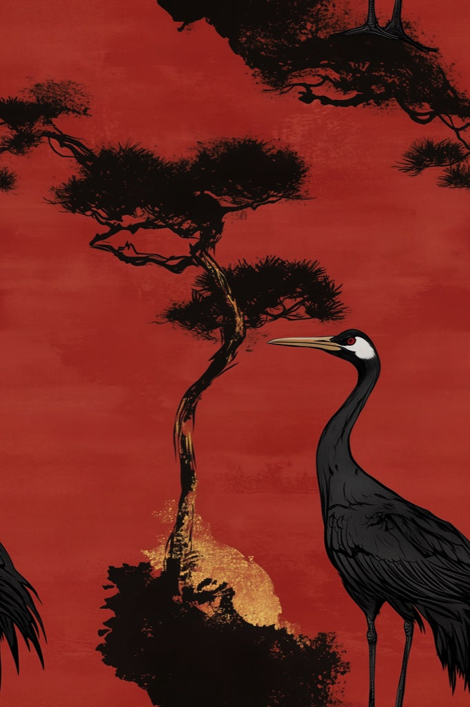Rich Crimson Crane and Tree Asian Wallpaper pattern artwork