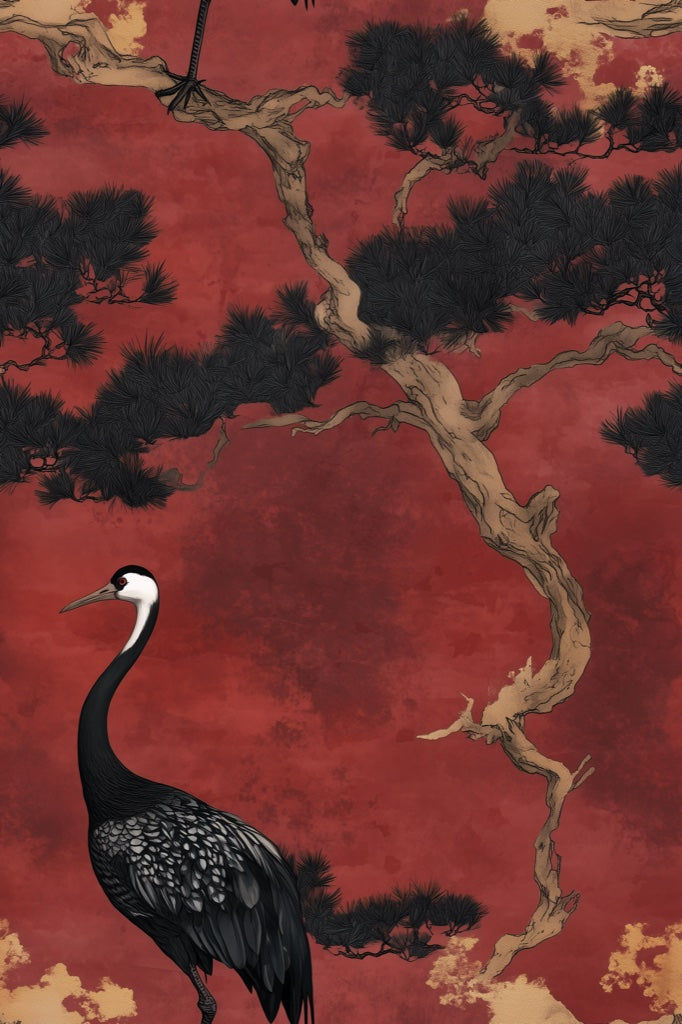 Rich Red Crane and Tree Art Wallpaper pattern artwork