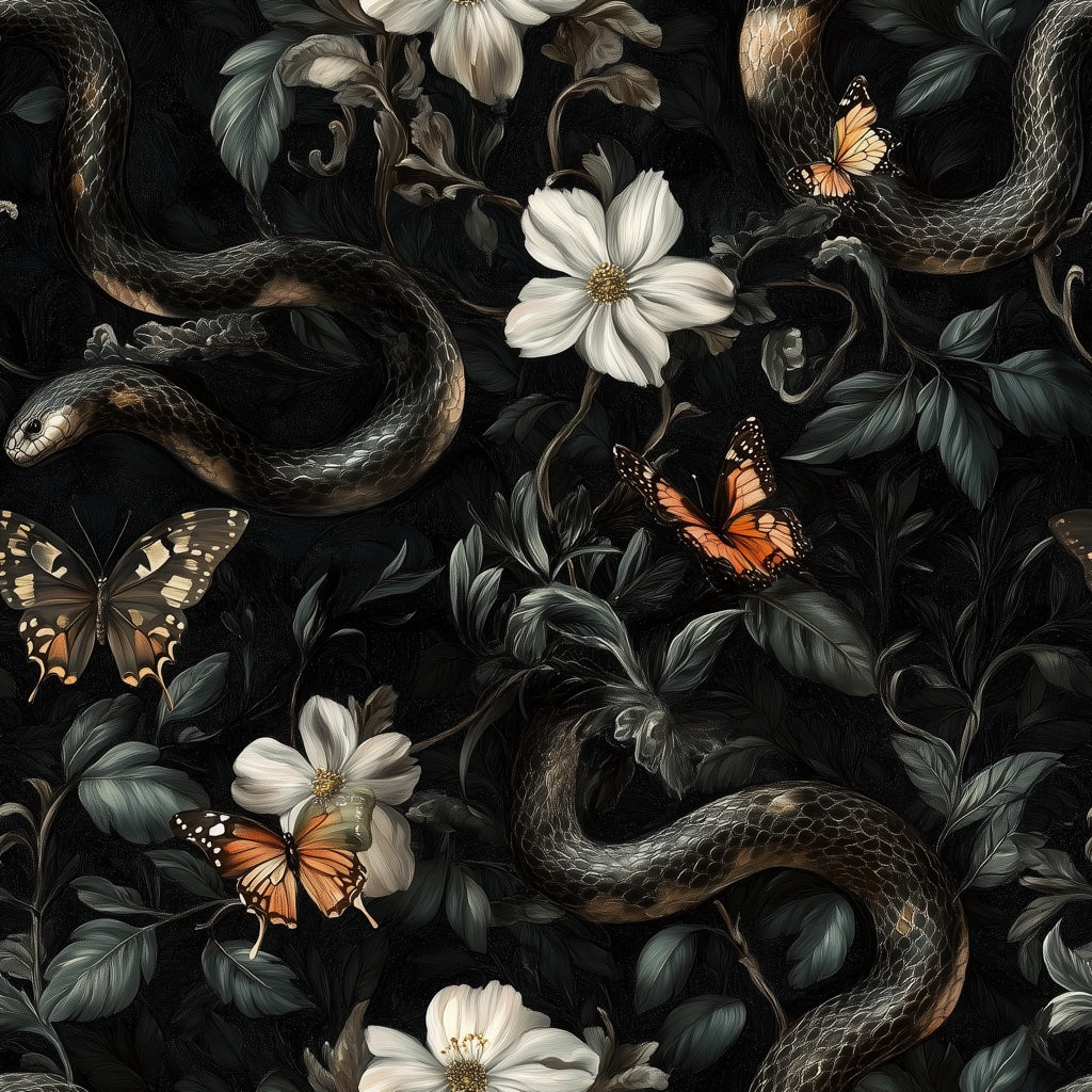 Moody Black Floral and Butterfly Wallpaper pattern artwork